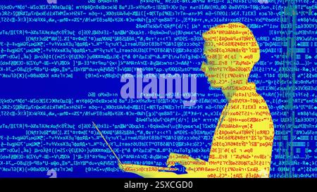 Hacker silhouette. Data security. Colorful encryption glitch noise on yellow double exposure profile outline of programmer man coding using laptop on blue. Stock Photo