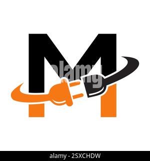 Initial Electric Logo On Letter M Concept With Electric Plug Symbol Vector And Template Stock Vector