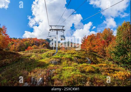 Hybrid lift with gondolas and chairlifts ascending Mont-Orford, showcasing vibrant autumn foliage in Mont-Orford National Park, Québec, Canada. Stock Photo