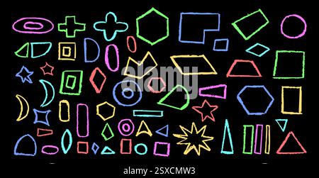 Set of basic geometric shapes. Circle, square, rectangle, triangle and other polygons drawn with charcoal. Collection of outlines geometric symbols Stock Vector