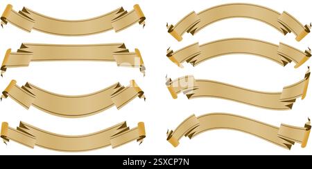eight set of golden ribbons banners isolated white backgrounds for decks, collages, scene designs, User interface, Branding or identity campaigns Stock Vector