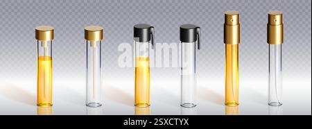 Perfume tester vials set isolated on transparent background. Vector realistic illustration of small glass fragrance bottles, empty and with liquid inside, cosmetic product container, 3d scent ampoule Stock Vector