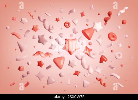 3D confetti with red and pink stars, flying curved ribbons, spheres and triangles, donuts and shiny geometric shapes. Realistic romantic festive composition in pastel colors for festive design. Stock Vector