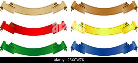 a set of six colorful ribbons elements isolated white backgrounds for decks, collages, scene designs, User interface, Branding or identity campaigns Stock Vector