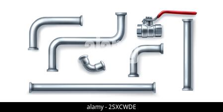 Plumbing 3d metal pipe elements set - straight tubes, curved connections and joints, valve with red handle. Chrome steel industrial parts with fittings, corners, elbows for construction design. Stock Vector