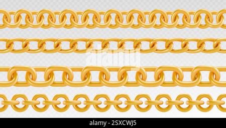 Golden chains collection with different link sizes - shiny metallic jewelry patterns isolated on transparent background. Luxury interconnected elements. Decorative borders for fashion design. Stock Vector