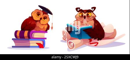 Cute owl characters studying - graduate bird perched on stack of colorful books, wise fowl reading blue textbook sitting on parchment scrolls. Educational mascots for library and learning design. Stock Vector
