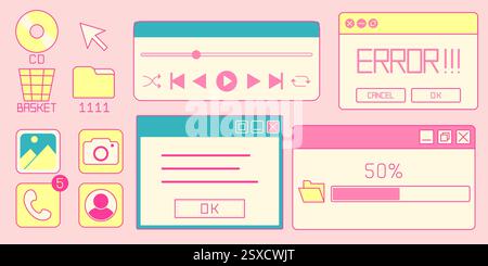 Retro internet window elements - pink and yellow computer interface with CD icon, folder, basket, media player controls, notification badges, profile menu, error message, loading progress bar. Stock Vector