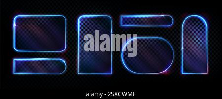 Neon light frames set with glowing blue borders on transparent background. Glass effect geometric shapes - rounded rectangle, circle with luminous edges. Bright frames collection for futuristic design Stock Vector