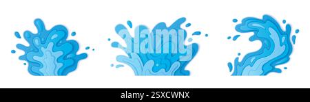 Blue 3d water splash paper cut design with layered waves, flowing curves, and dynamic droplets. Aquatic motion effect from stacked sheets. Clean modern graphic for summer promotions, beverage package. Stock Vector