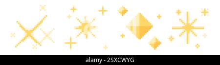 Pixel stars set - glowing yellow shapes in different geometric forms, sparkles and luminous crosses for space arcade game design. 8-bit digital elements. Retro style bright pixelated objects. Stock Vector