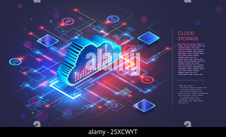 Cloud storage for IOT smart home. Internet of Things smart home system. The cloud storage is synchronized with smart home system. Isometric concept of Stock Vector