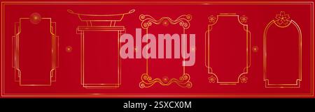 Japanese traditional frames with gold lines on red background - geometric minimalist border, curved ornamental swirls, flower motifs, elegant arch pattern. Oriental decorative design elements. Stock Vector