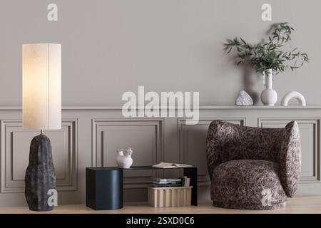 Contemporary living room setup featuring a patterned armchair, tall floor lamp with fabric shade, minimalist black shelf with books and vase, and deco Stock Photo