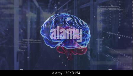 Image of rotating brain over network and processing data on dark background Stock Photo