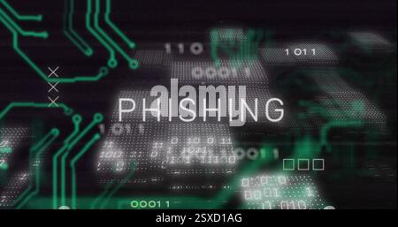 Image of circuit board, phishing text and data processing over black background Stock Photo