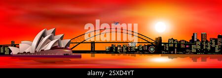The Australian city of Sydney. Bridge over the bay. Sun, sky with clouds. Sunset. Stock Vector