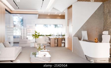Contemporary workspace featuring reception desk, stylish furniture, natural light, open layout, minimalist decor, bright area, functional and tidy set Stock Photo