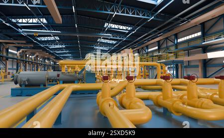 Large industrial facility with extensive yellow pipelines, red valves, machinery, modern manufacturing equipment, high ceilings, metal beams, bright l Stock Photo