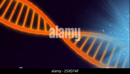 Image of orange dna strand and glowing lights on blue background Stock Photo