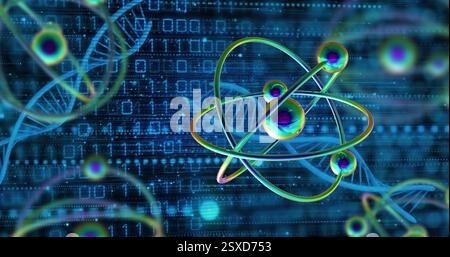 Image of dna strand and scientific data processing over binary coding Stock Photo
