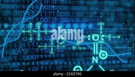 Image of dna strand and scientific data processing over binary coding Stock Photo