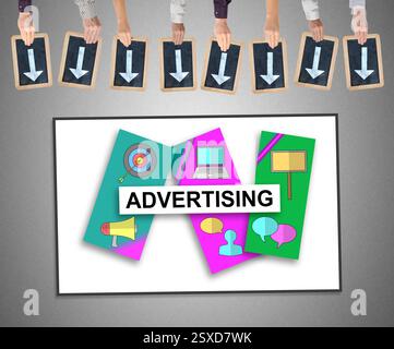 Hands holding writing slates with arrows pointing on advertising concept Stock Photo