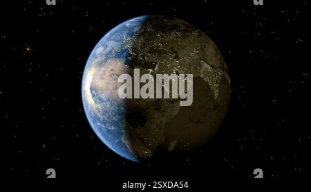 Earth in space showing day and night, continents visible, night lights, global perspective, astronomy, geography, world map. 3D illustration Stock Photo