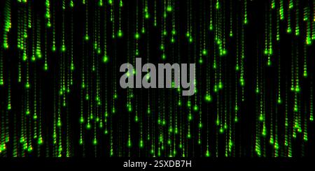 Glowing green binary code overlay on black background, digital data stream, futuristic matrix style, computer screen, cyber technology, programming co Stock Photo
