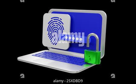 cybersecurity concept showing laptop with fingerprint authentication access digital security open padlock encryption password protection biometric ver Stock Photo
