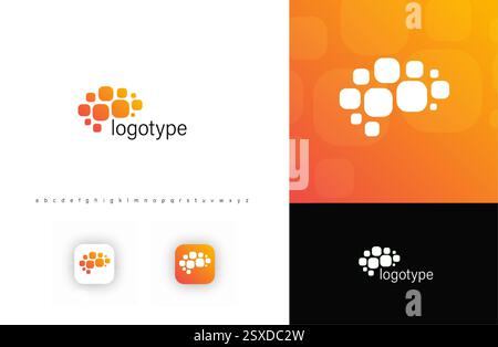 Abstract brain, orange digital blocks logo. Represents digital technology, communication, and innovation. Ideal for data analytics, networking, AI Stock Vector