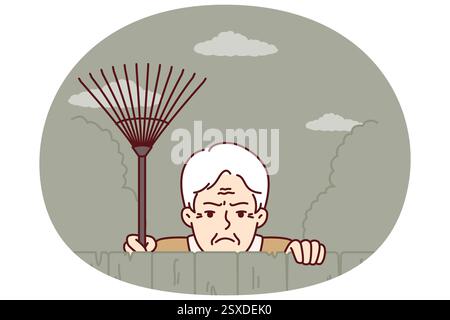 Elderly envious man neighbor peeps from behind fence spying on ...