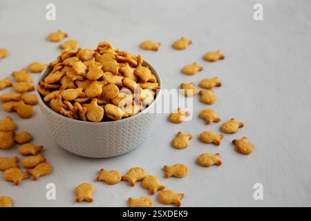 Mini Goldfish Crackers with Sea Salt in a Bowl, side view. Stock Photo