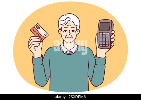 Elderly man holds POS terminal and bank card for making cashless payments in supermarket. Grey-haired store owner recommends using POS equipment for retail business and customer service Stock Vector