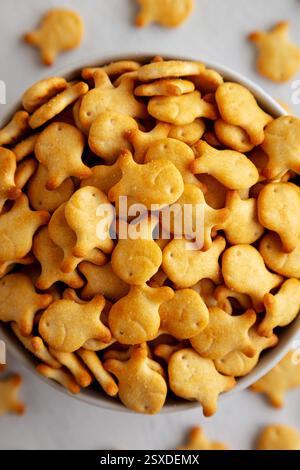 Mini Goldfish Crackers with Sea Salt in a Bowl, top view. Stock Photo