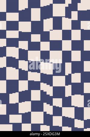 Pixel Art Groovy Hippie Distorted Checkered Background in Retro 8-bit style. Twisted Template Waves Trippy White-blue Grid. Trendy pixelated vector te Stock Vector