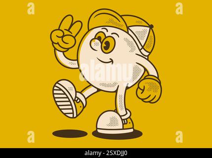 walking ball head mascot character wearing a hat with hands forming a peace symbol. Yellow background Stock Vector