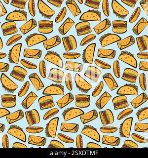 Bright pattern with mess of fast food symbols Stock Vector