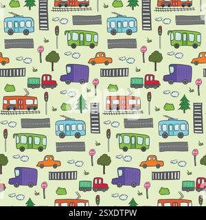 Cute colorful cartoon city transport pattern Stock Vector