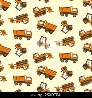 Cute kids pattern with flat orange dozer, tractor Stock Vector