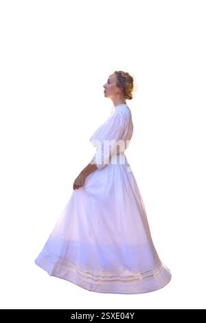 elegant middle aged woman in a white vintage wedding dress isolated, png, Stock Photo