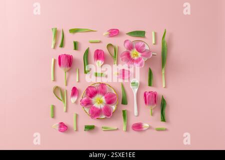 Spring still life with tulips and kitchen utensils Stock Photo