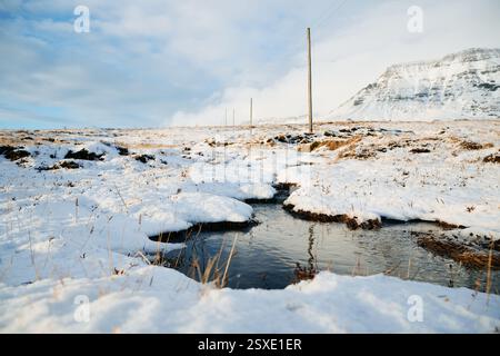 Stream flowing through snowy landscape in iceland under cloudy sky Stock Photo