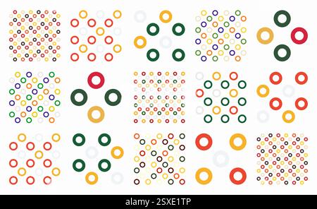 Playful set of seamless vector patterns with colorful rings and circles in grid, polka dot, lattice, mesh, and net styles. Great for bold backgrounds, Stock Vector