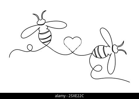 Continuous single line drawing of bee outline isolated vector art illustration Stock Vector
