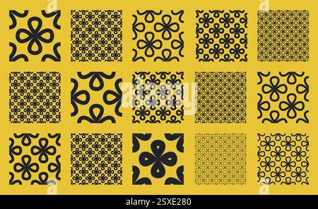 Seamless vector pattern set with black clover like flower shapes in linear outline style on yellow backgrounds. Ideal for geometric and modern wallpap Stock Vector