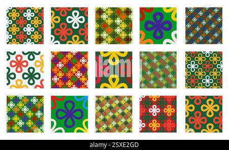 Collection of vibrant seamless linear patterns with clover shapes on a bright background. Playful Merry Christmas designs for holiday fashion, textile Stock Vector