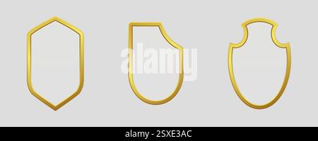 Set of realistic luxurious gold shields in unique shapes, ideal for branding, logos, and decorative designs. High quality vector illustration for mode Stock Vector