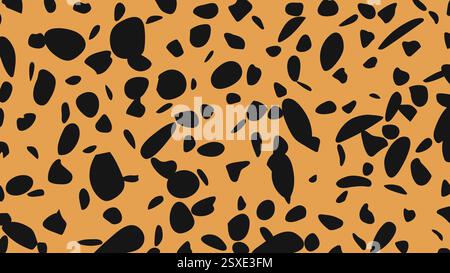 Cheetah Spot Animal Print. Leopard Dot Design on Orange Background. Random Black Polka Dot. Seamless Animal Inspired Pattern. Irregular Spot Vector fo Stock Vector