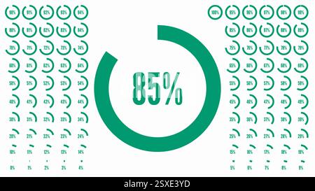 Percentage circle diagrams from 0 to 100. Green signs. Big percent collection for user interface UI or business infographic. Set of icon for infograph Stock Vector